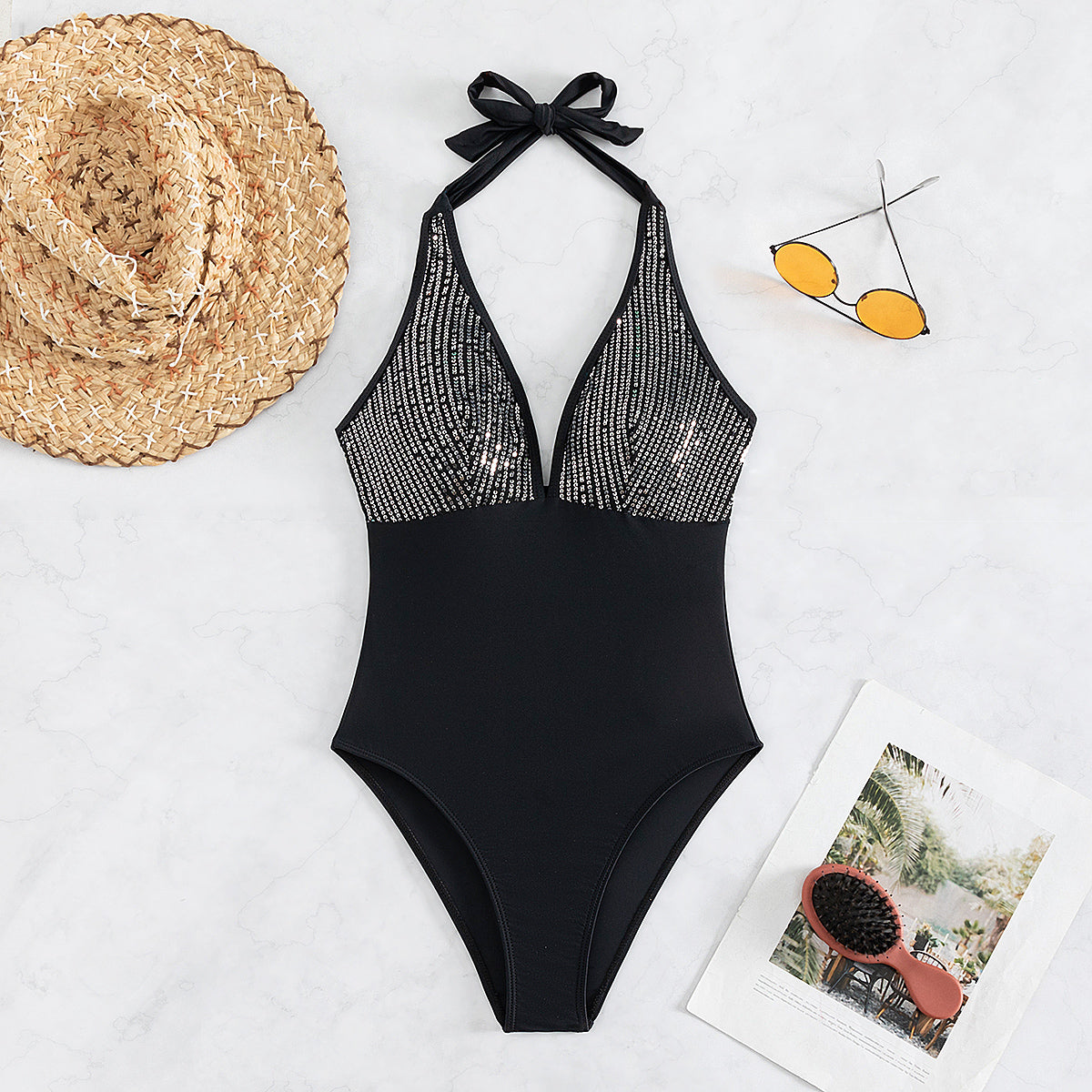 One Piece Halter Sequined Backless Bikini
