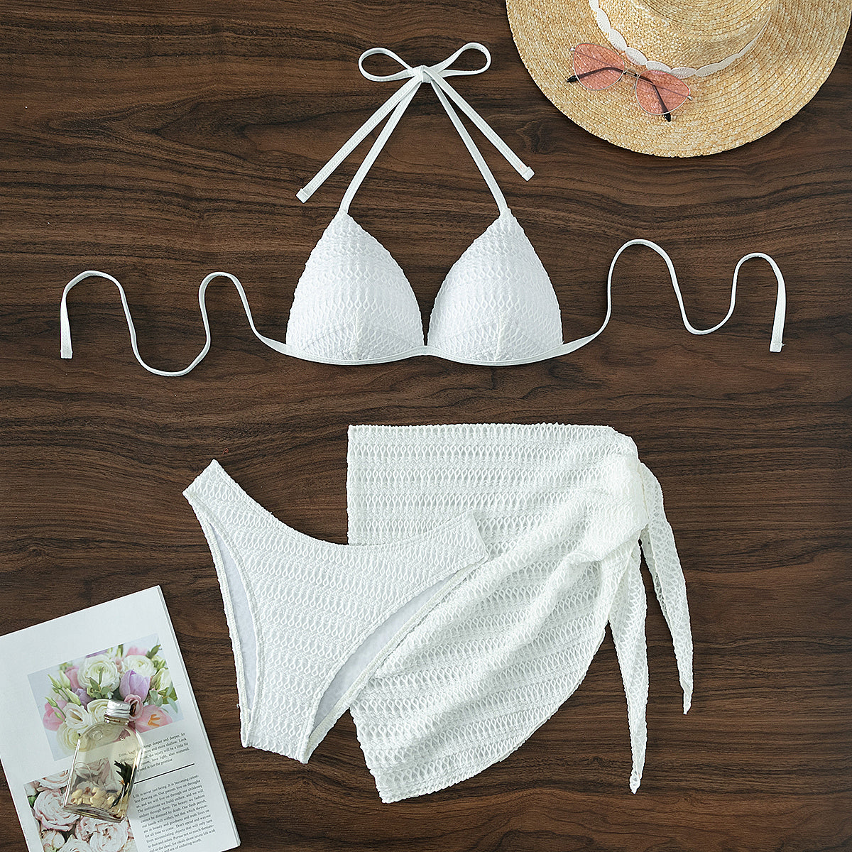 White Halter Three Piece Bikini Set