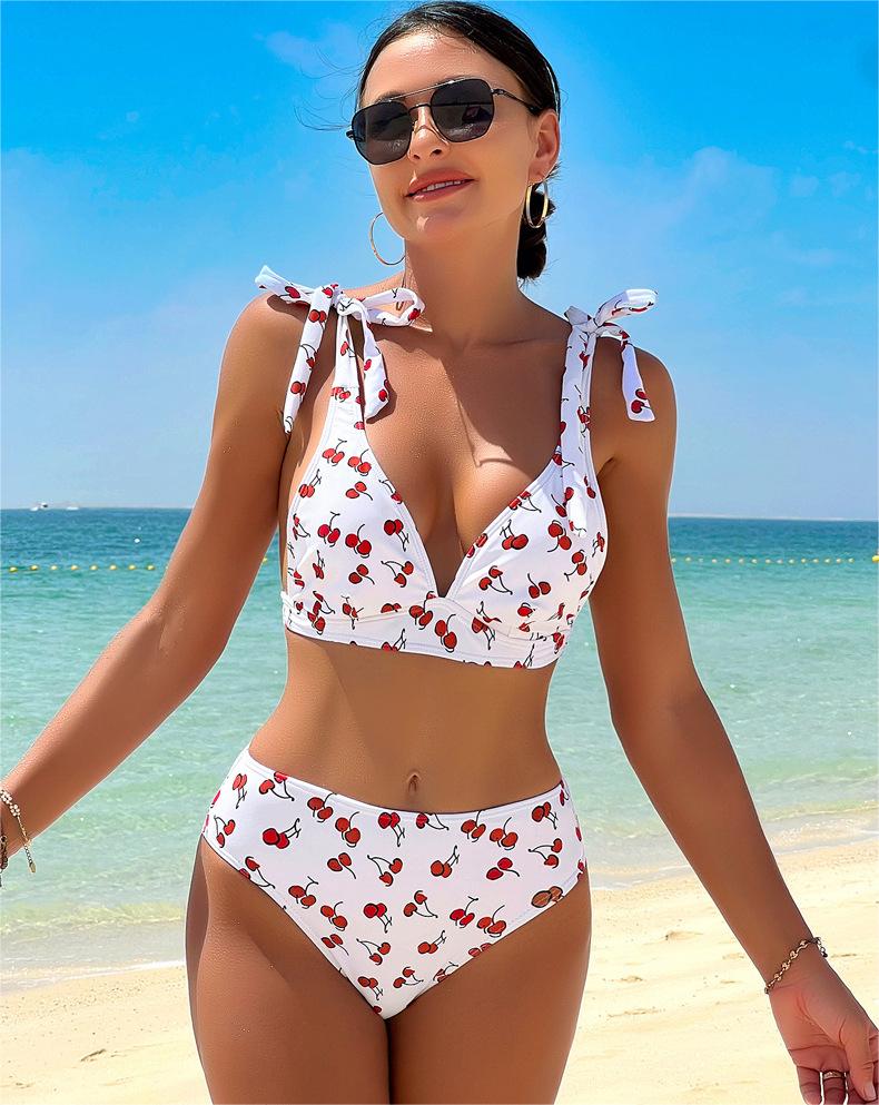 Fruit High Waist Bow Lace Up Swimsuit