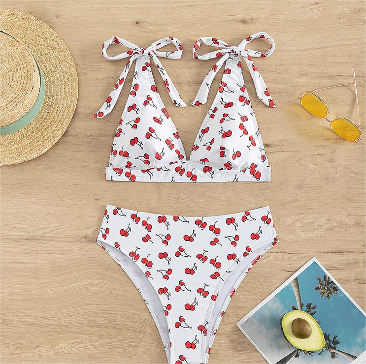 Fruit High Waist Bow Lace Up Swimsuit