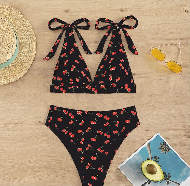 Fruit High Waist Bow Lace Up Swimsuit