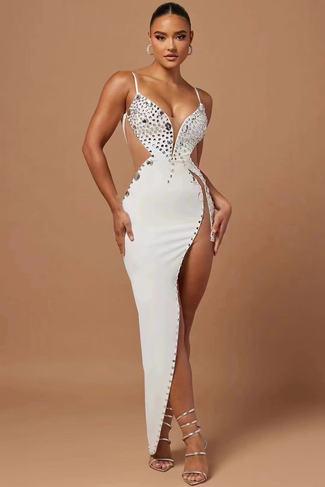 "Rhinestone Trim Backless Maxi Dress"