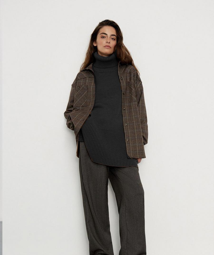 Women Slit Loose Knit High Collar Sweater