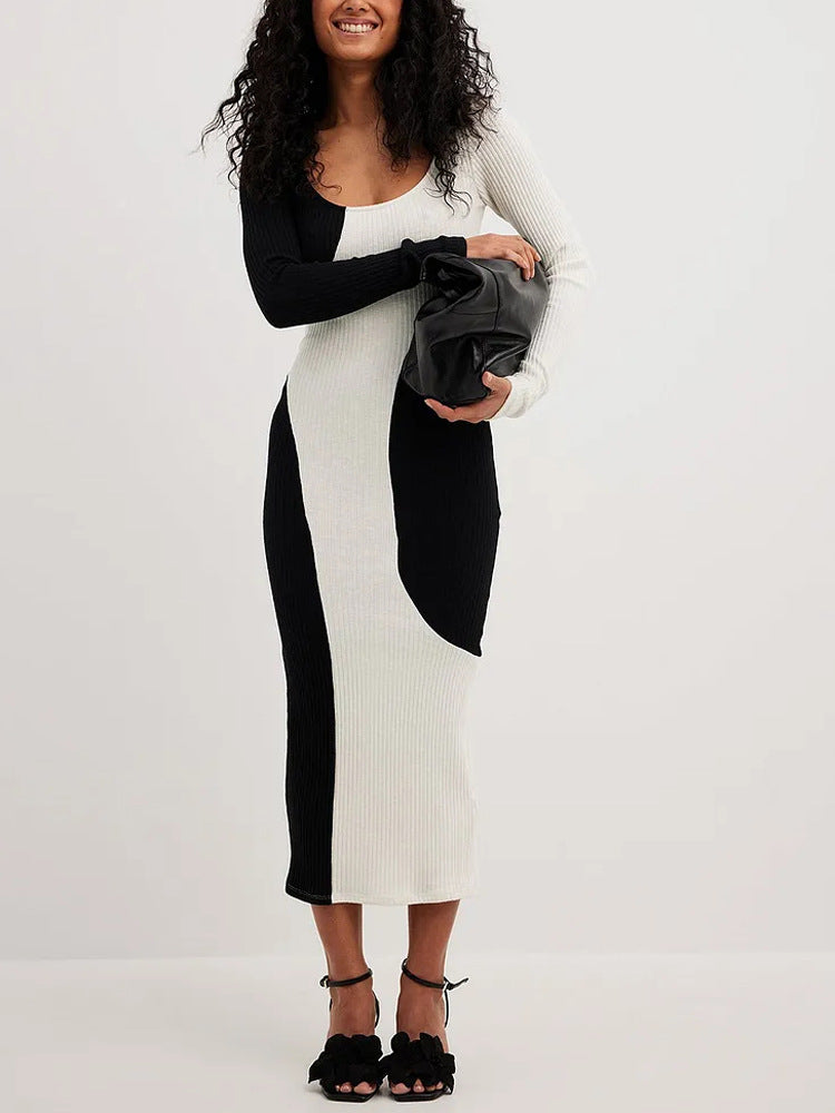 Knitted Black White Matching Long Sleeve Sweater Dress