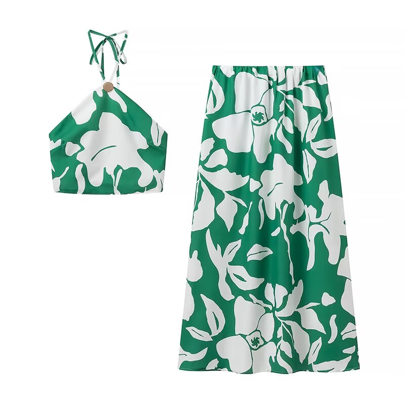 Women Clothing Summer Halter Short Top Skirt Set