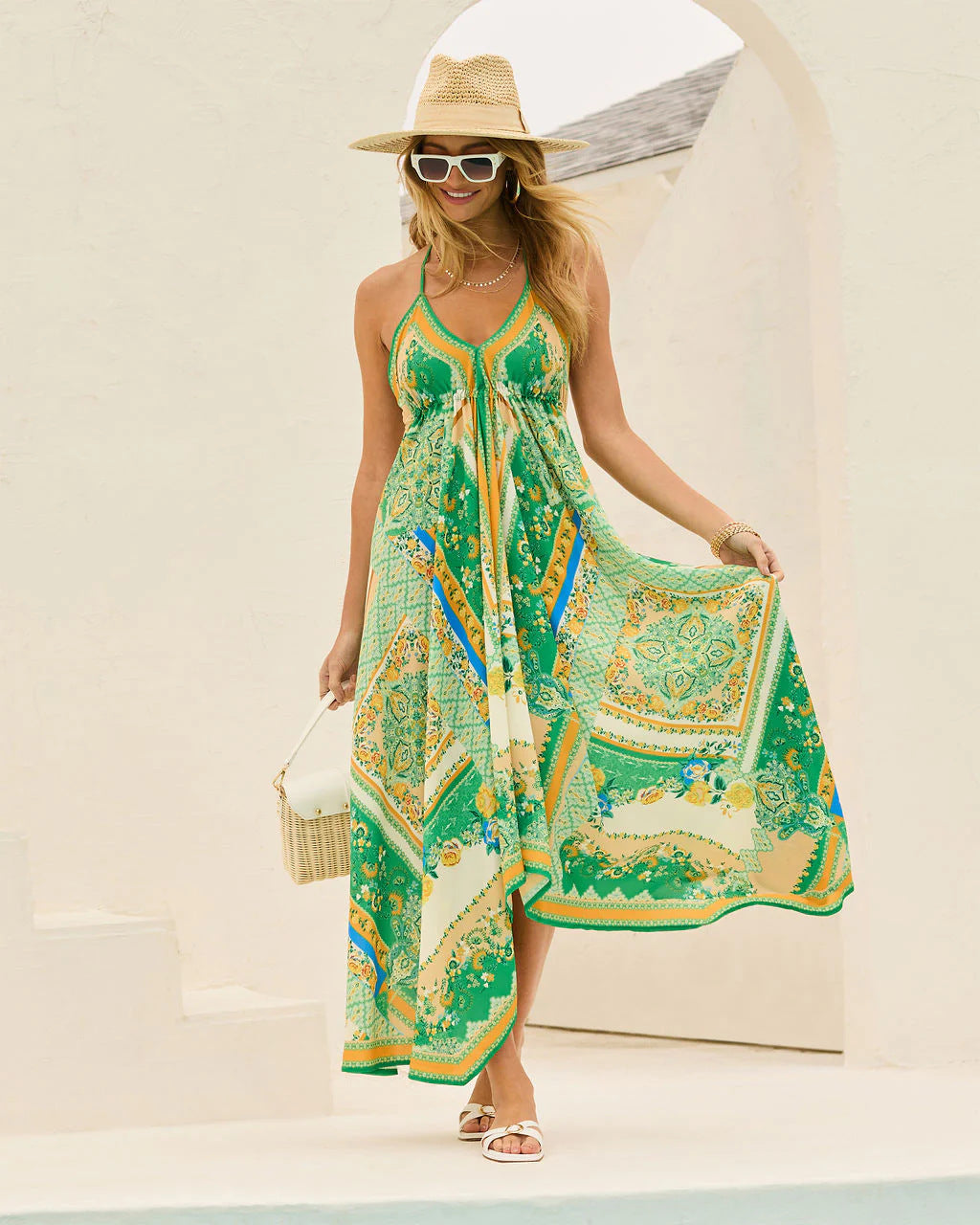 Spring Summer V Neck Spaghetti Strap Floral Print Dress
