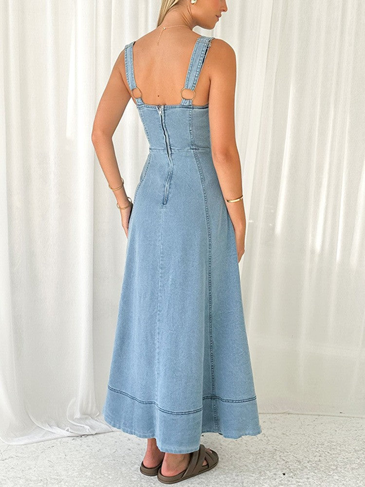 Sling Single Breasted Denim Mid Length Dress