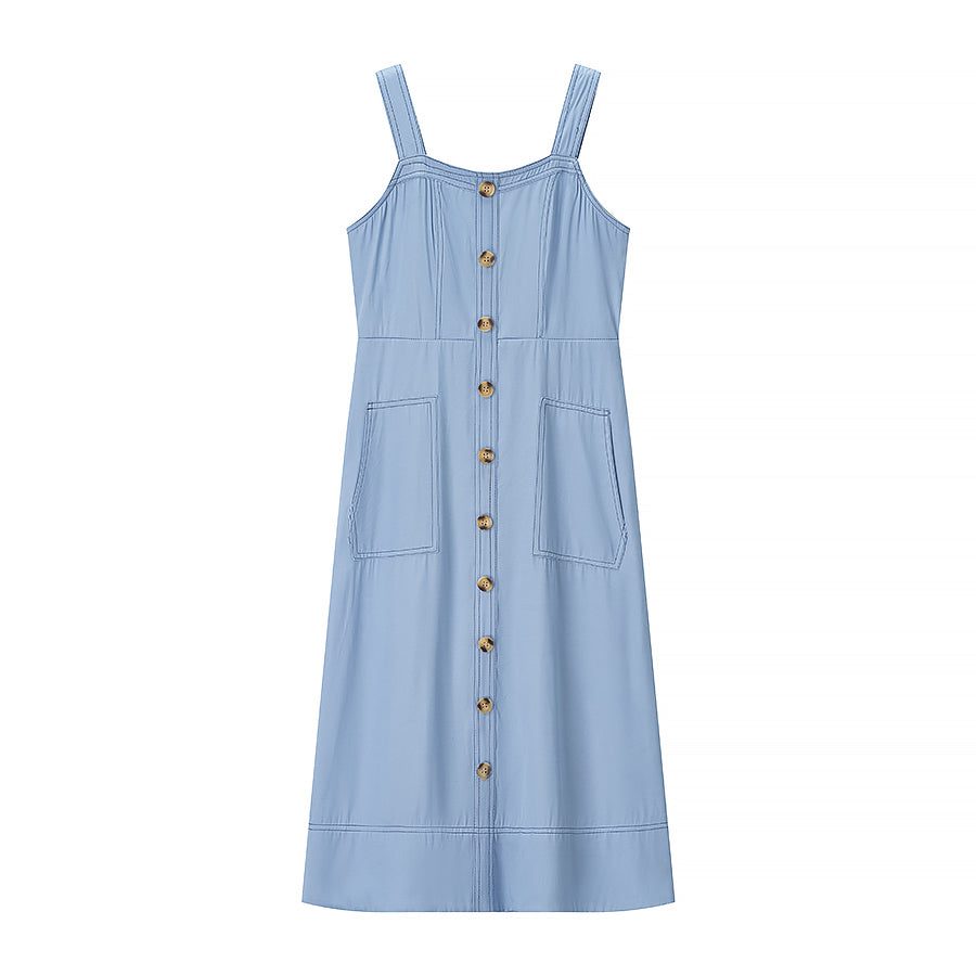 Sling Single Breasted Denim Mid Length Dress