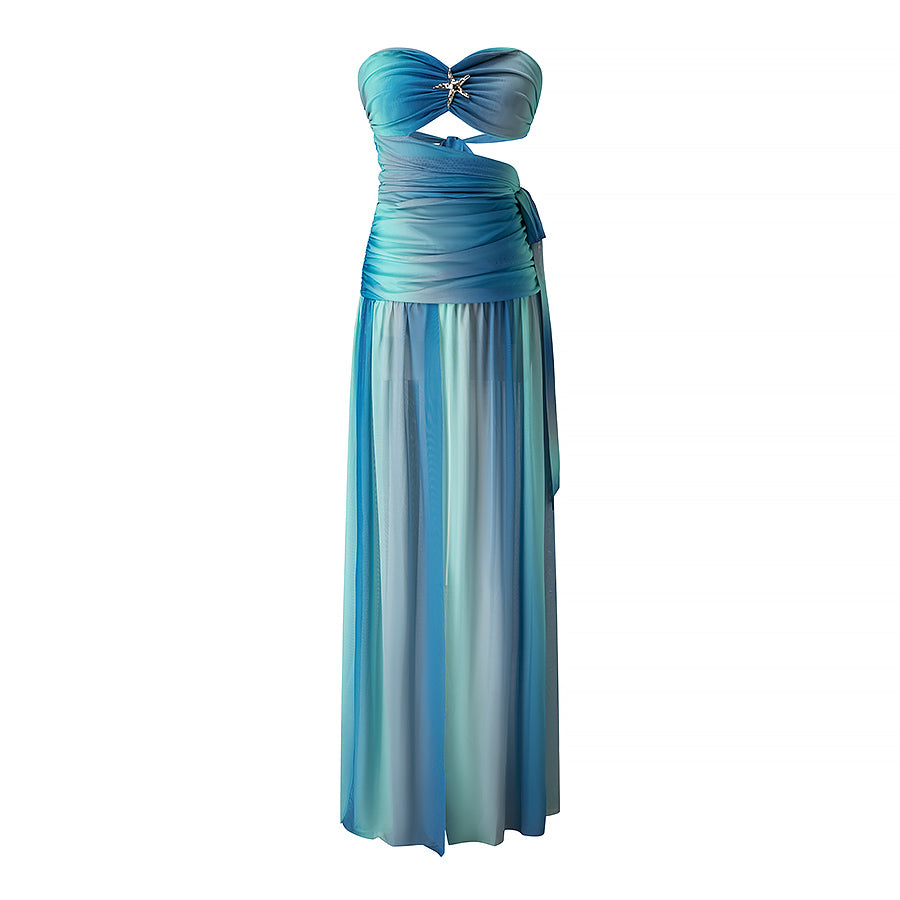 Printing Contrast Color Wrapped Chest Backless Dress
