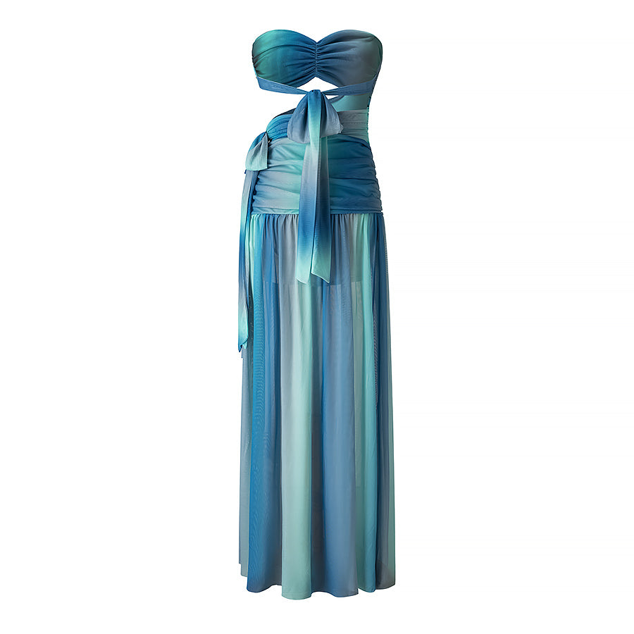 Printing Contrast Color Wrapped Chest Backless Dress
