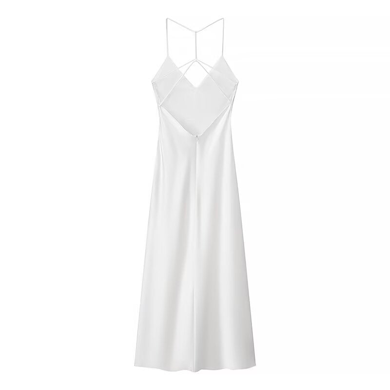 Elegant Back Sling Silk Satin Midi Suspender Dresses