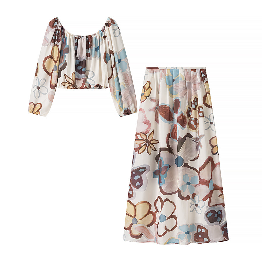 Casual Printing Long Sleeve Top Skirt Set