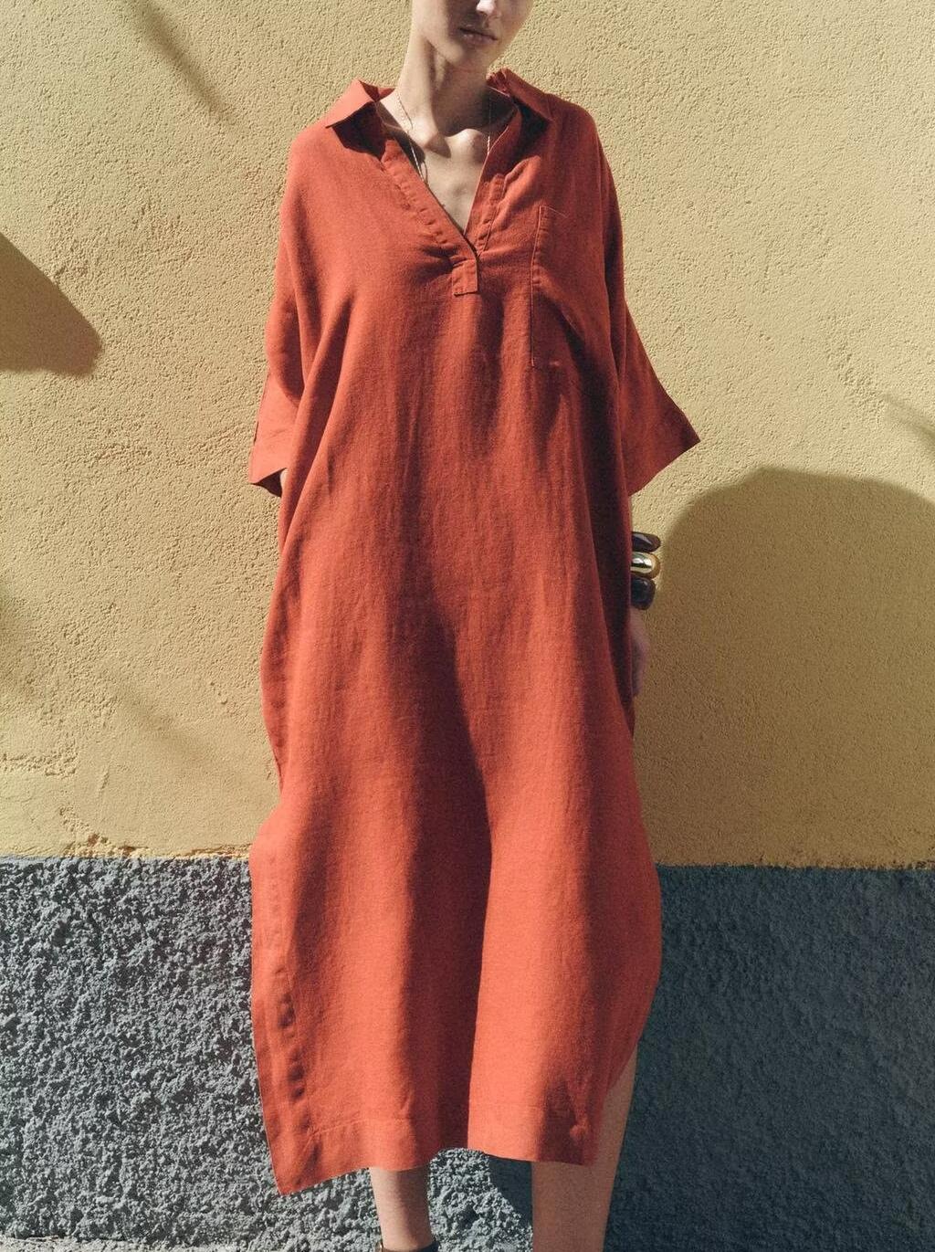 Polo Collar Solid Color Loose Long Shirt Dress