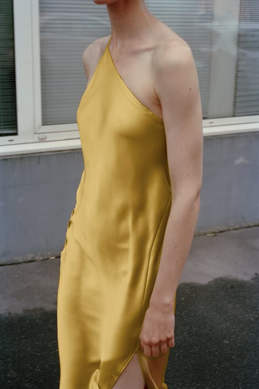Yellow Asymmetric Silk Satin Texture Split Dress