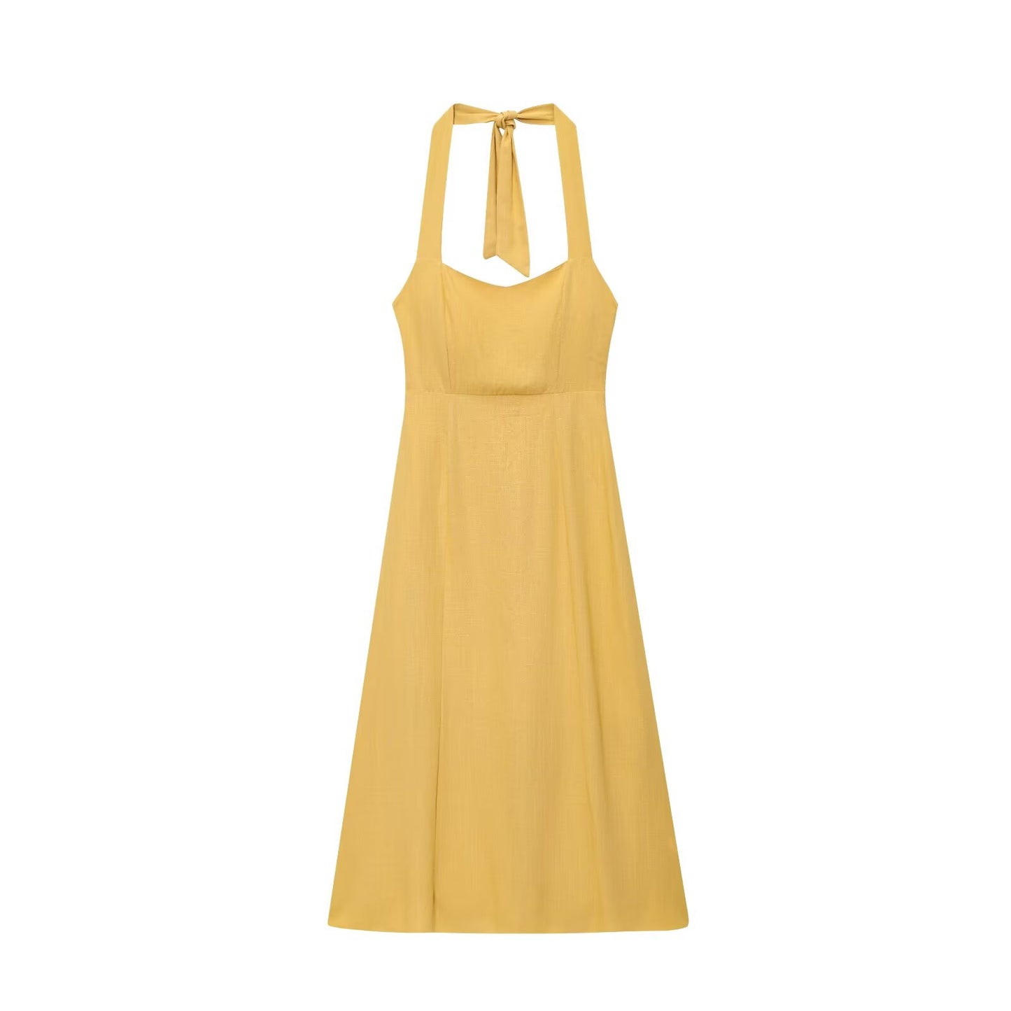 "Elegant slim fit faux linen maxi dress with smocked halter neckline"