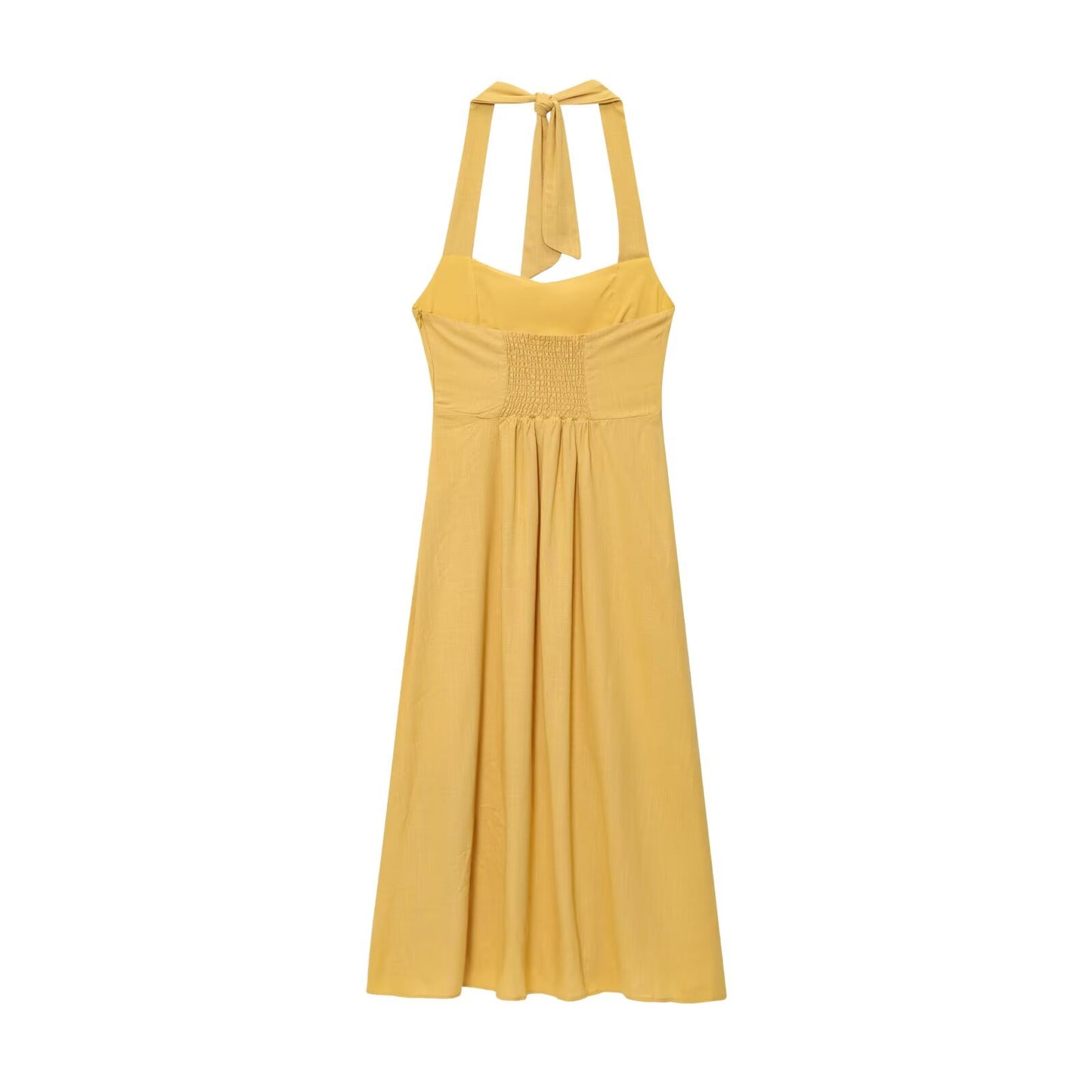"Sleeveless A-line summer maxi dress with tie and zipper detail"