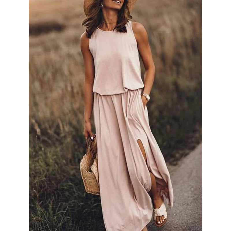 Khaki Printed sleeveless summer maxi dress