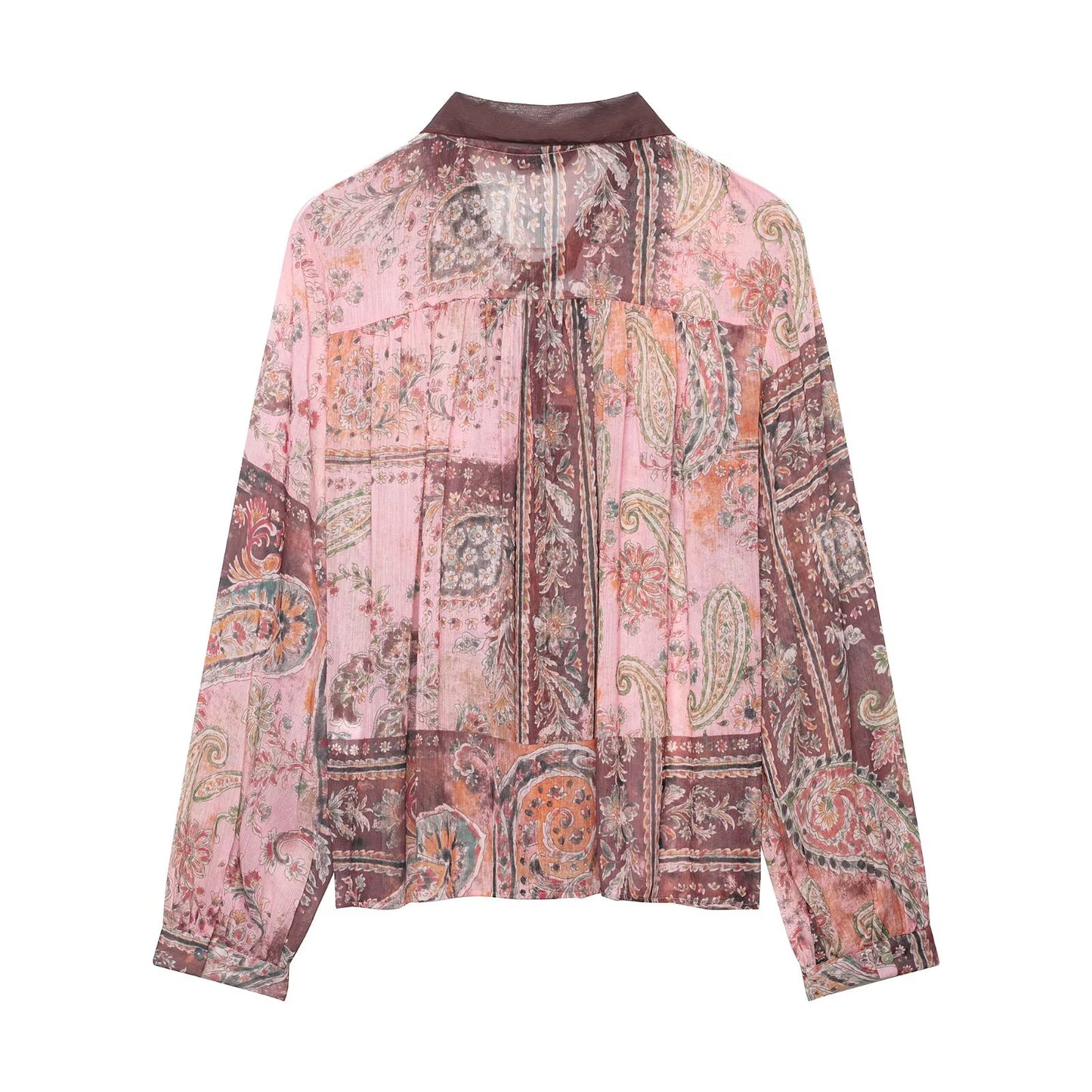 Women Vintage Printed Single Breasted Bow Long Sleeve Shirt