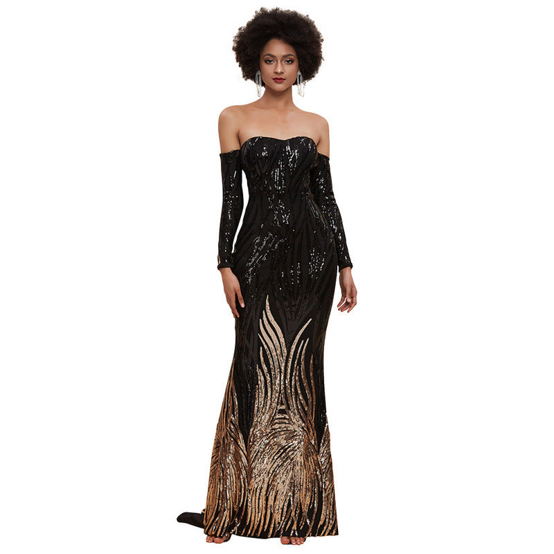 Tube Top off-Shoulder Party Sequined Small Trailing Evening Dress