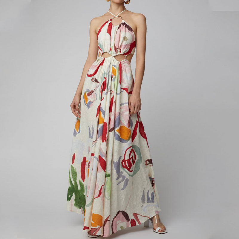 Spring Summer Slim Fit Large Swing Printed Maxi Dress