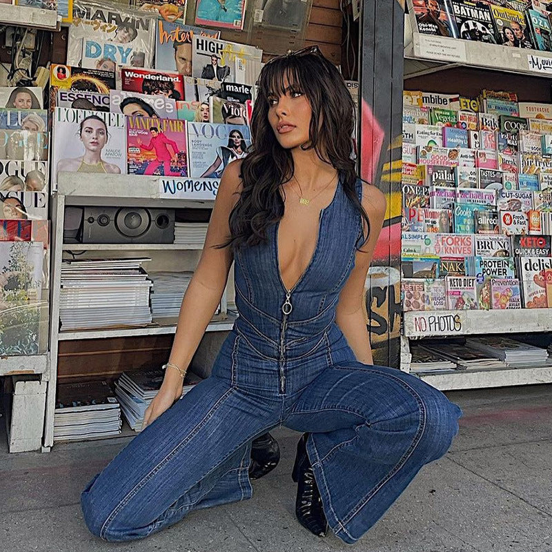 Fashionable Backless Retro High Waist Denim Jumpsuit