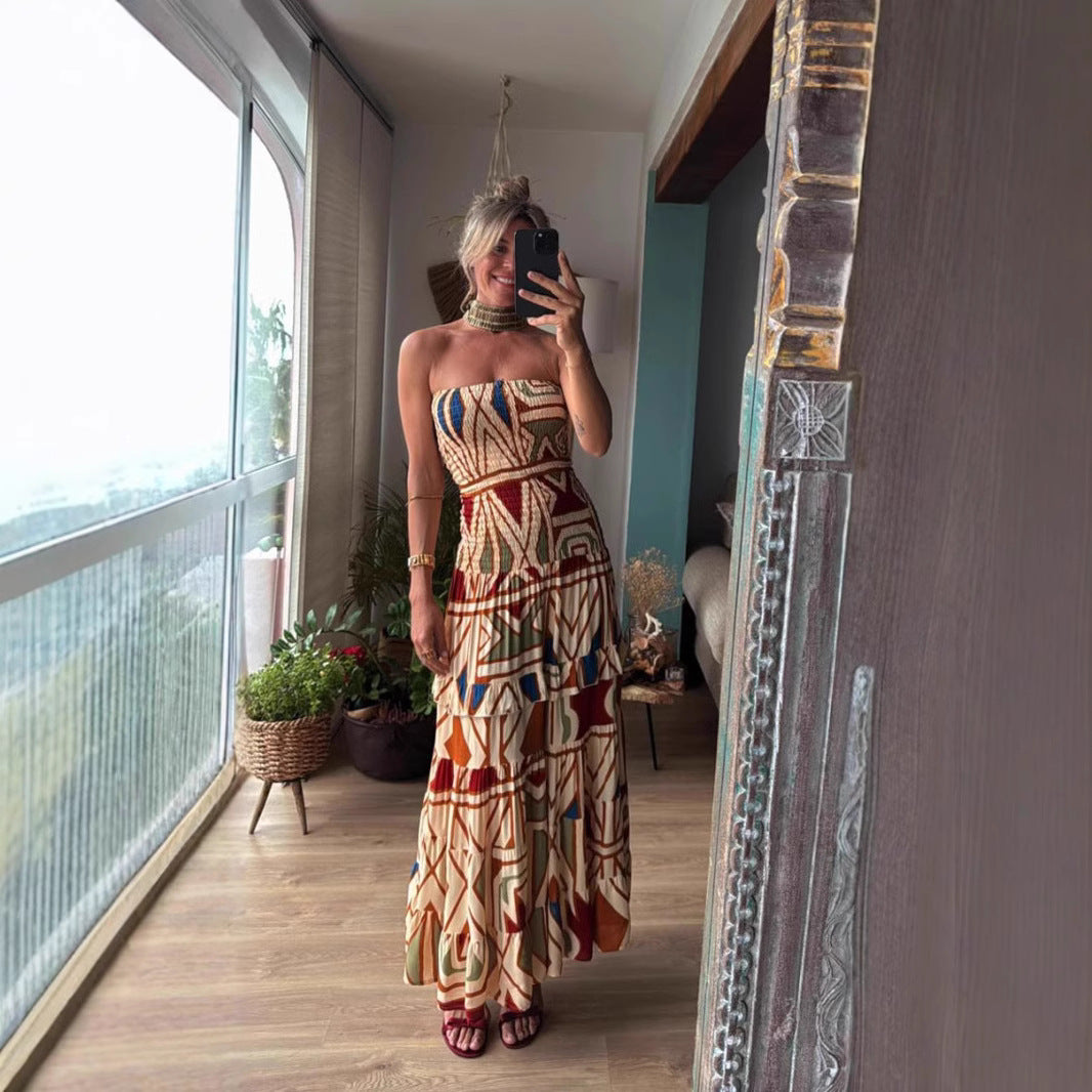 Retro Boho High Waist Printing Slip Dress
