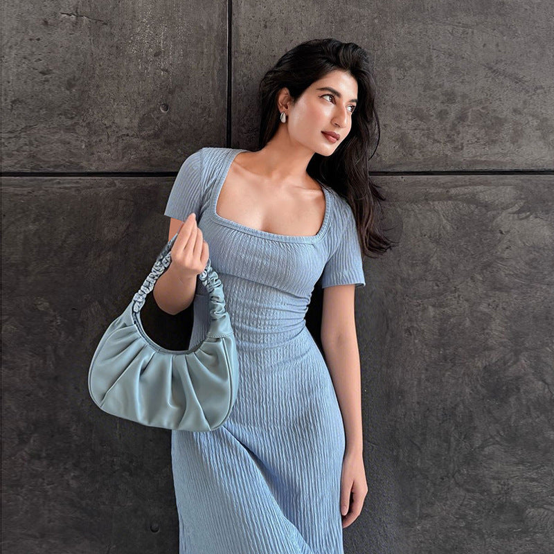 Blue elegant solid color polyester dress with lace-up front