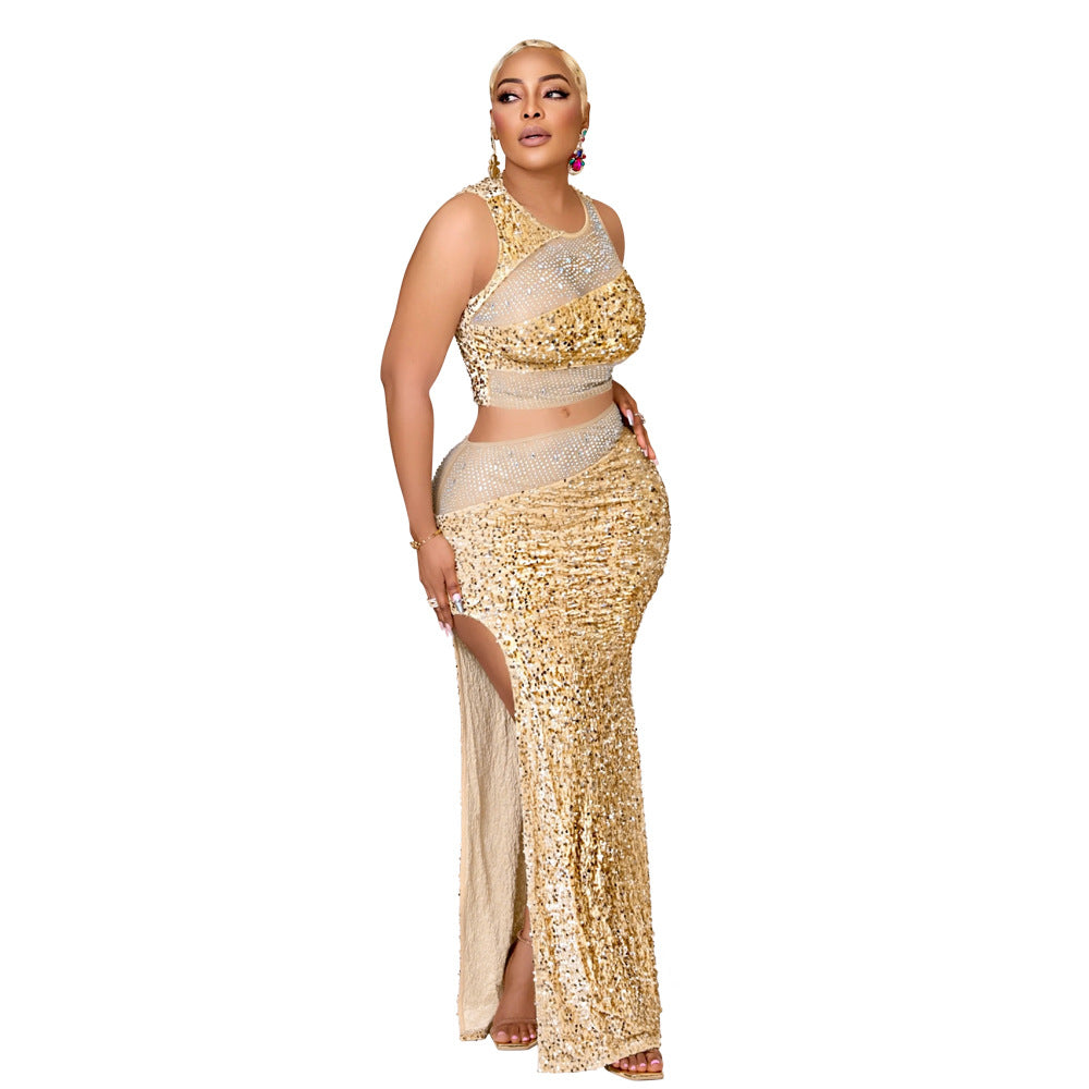 "Rhinestone Sequin Top & High Slit Skirt Set"