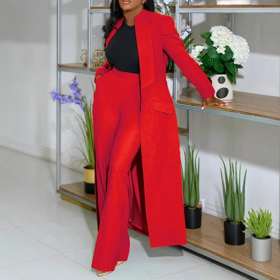 Solid Color Polo Collar Long Two Piece Set