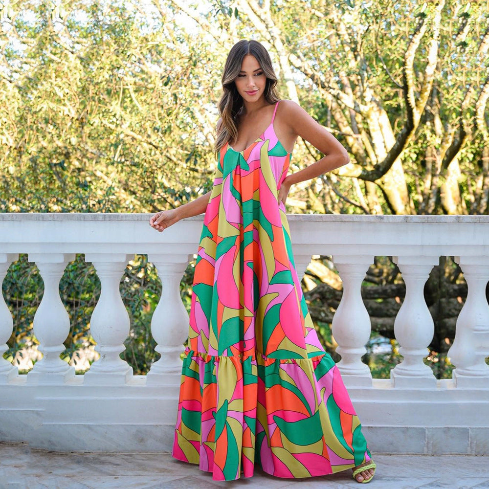 Bohemian Floral Deep V-Neck Backless Maxi Dress