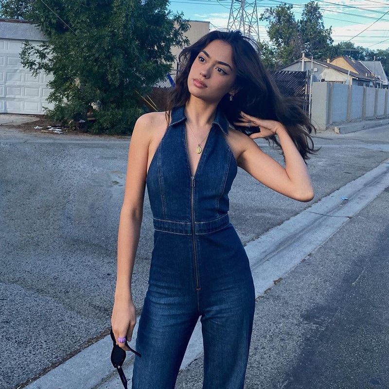 Zipper Sleeveless V-neck High Waist Retro Denim Jumpsuit