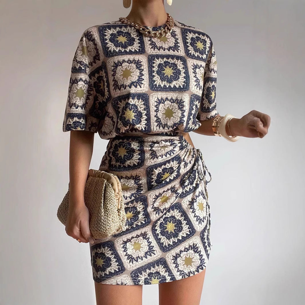 Printed Drawstring Sheath Mini Dress