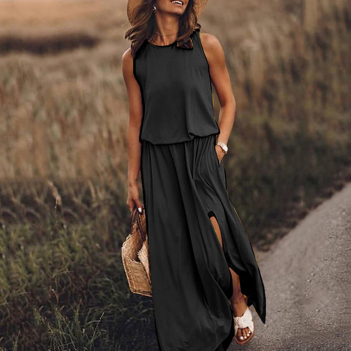 Black Comfortable loose-fit summer dress