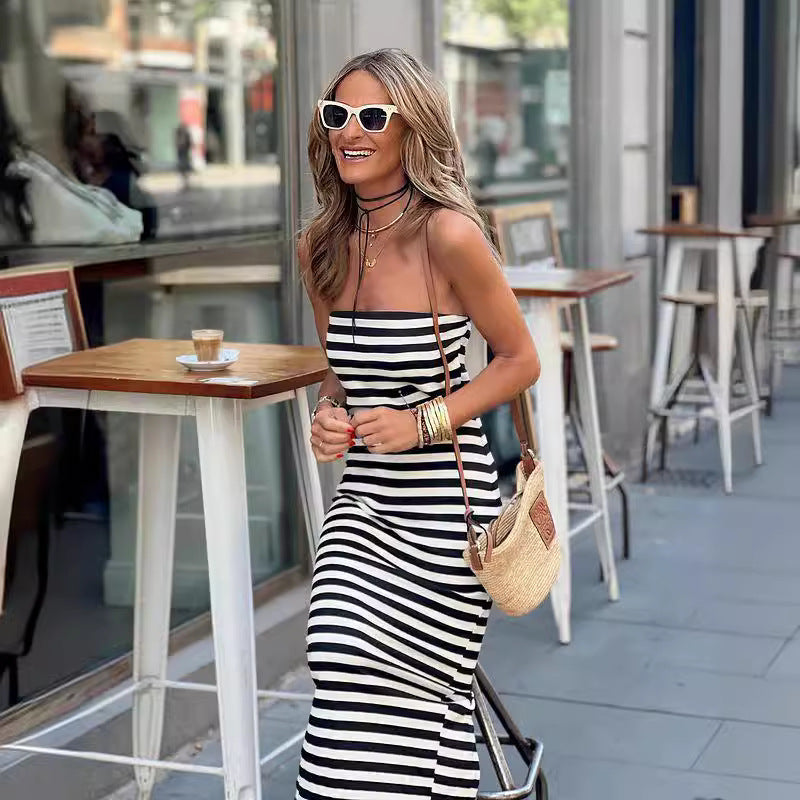 Striped Wrapped Chest Split Sheath Dress