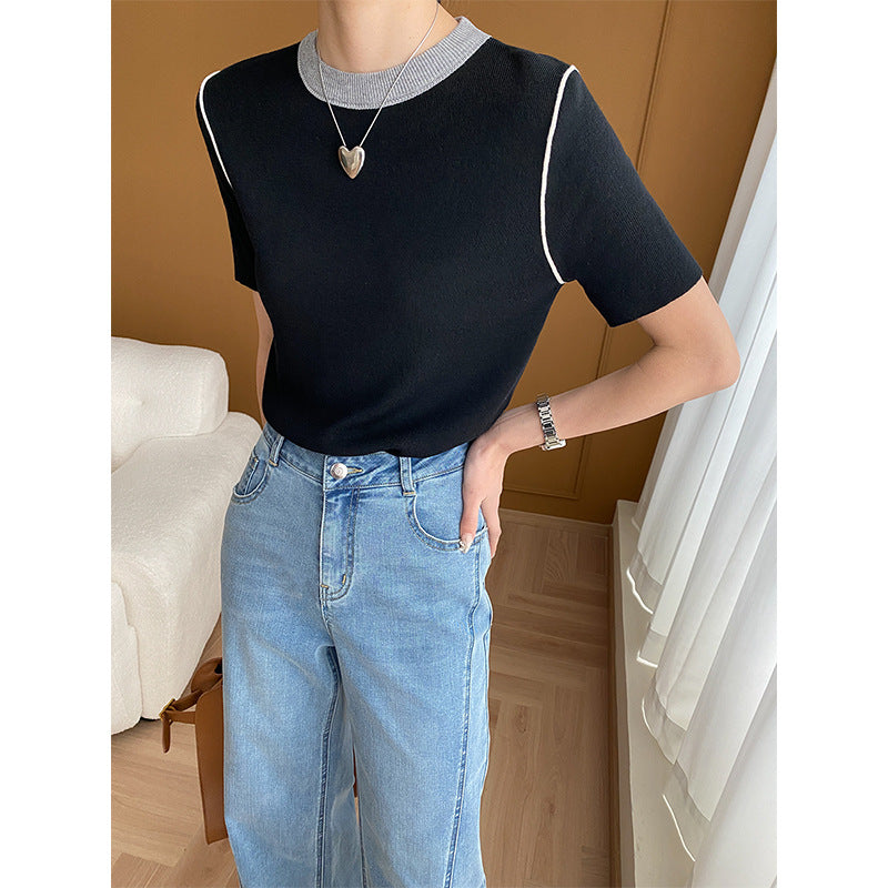"Retro Contrast Color Round Neck Knitted Short Sleeve Top"
