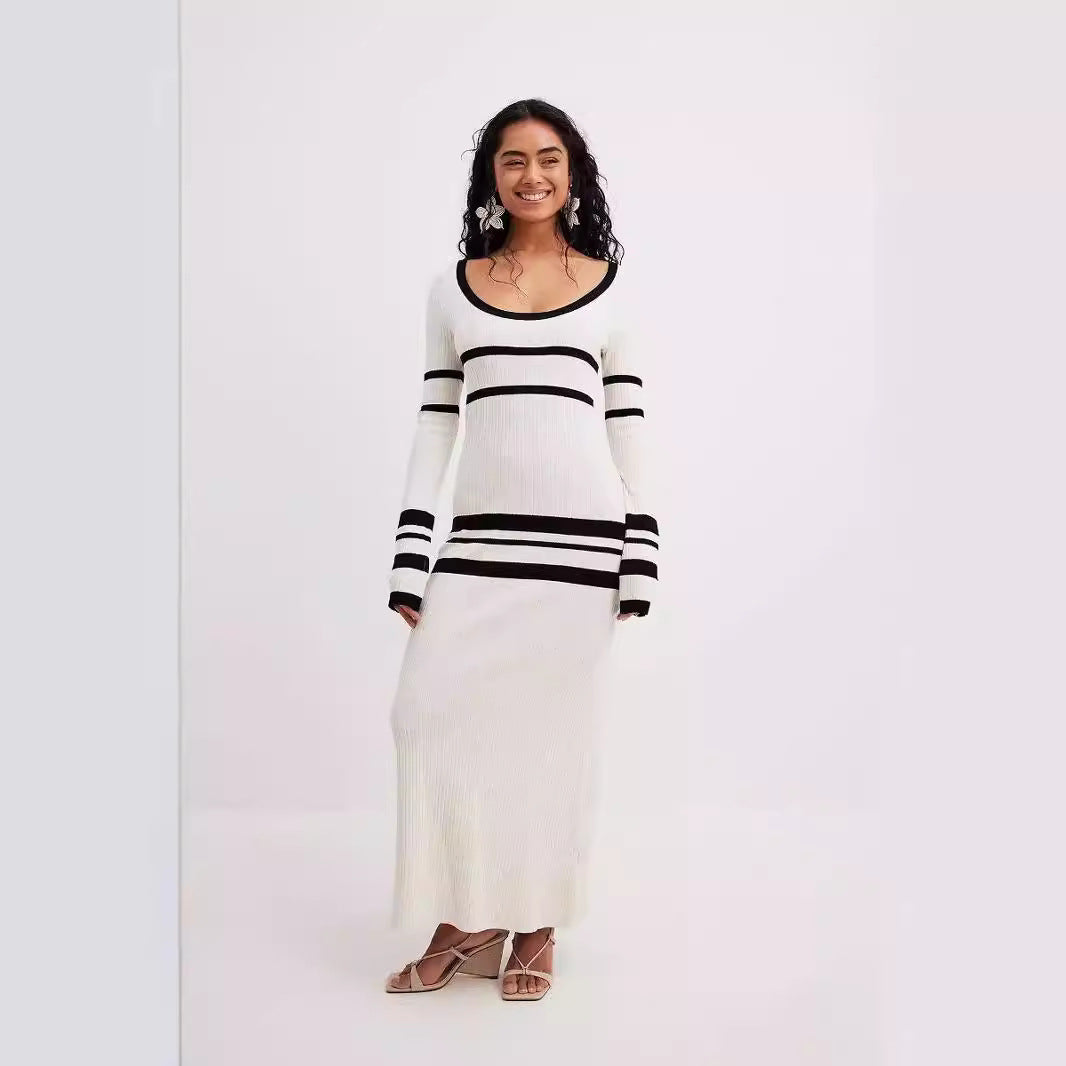 Slim Fit Woolen Striped Knitted Dress