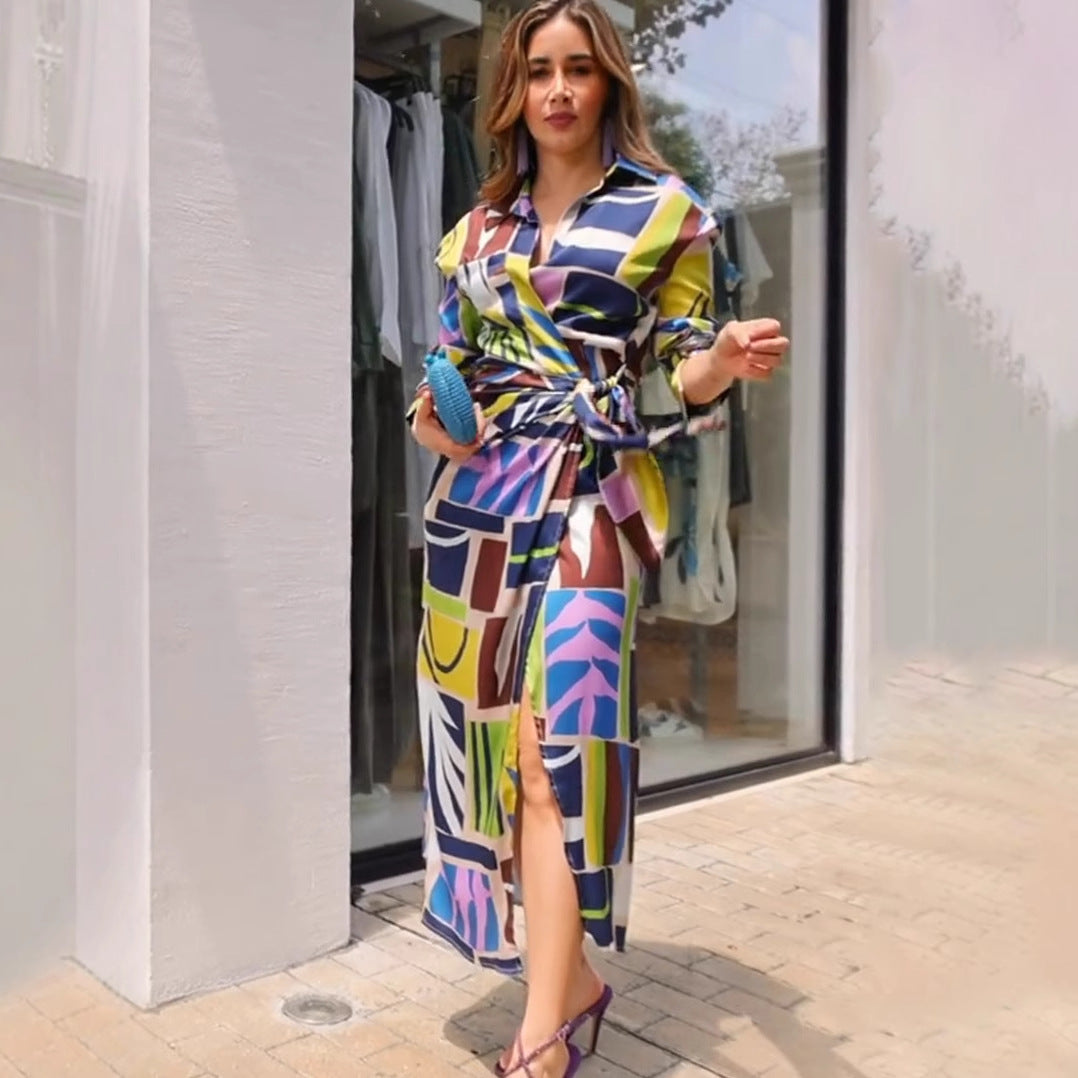 "Printed V-neck Belted Maxi Dress"