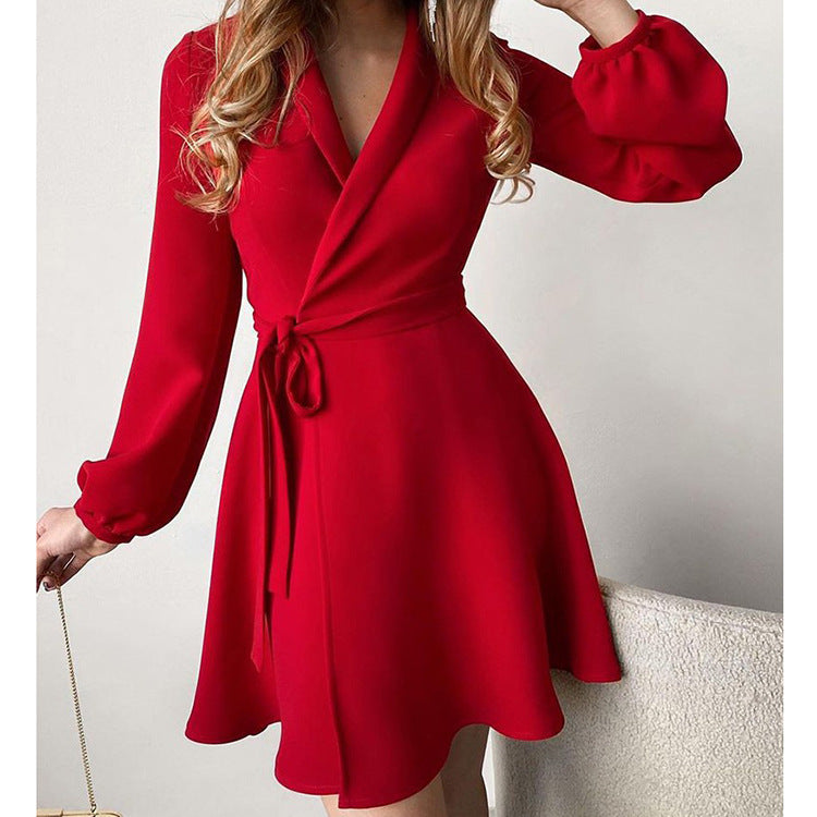 One Piece Color Matching Short Long Sleeve Dress