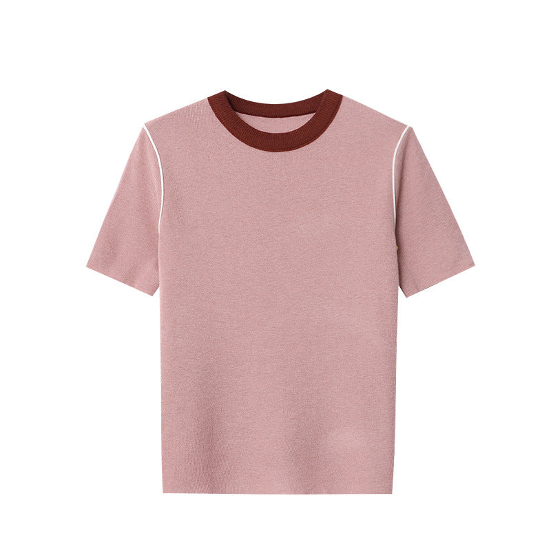 "Retro Contrast Color Round Neck Knitted Short Sleeve Top"