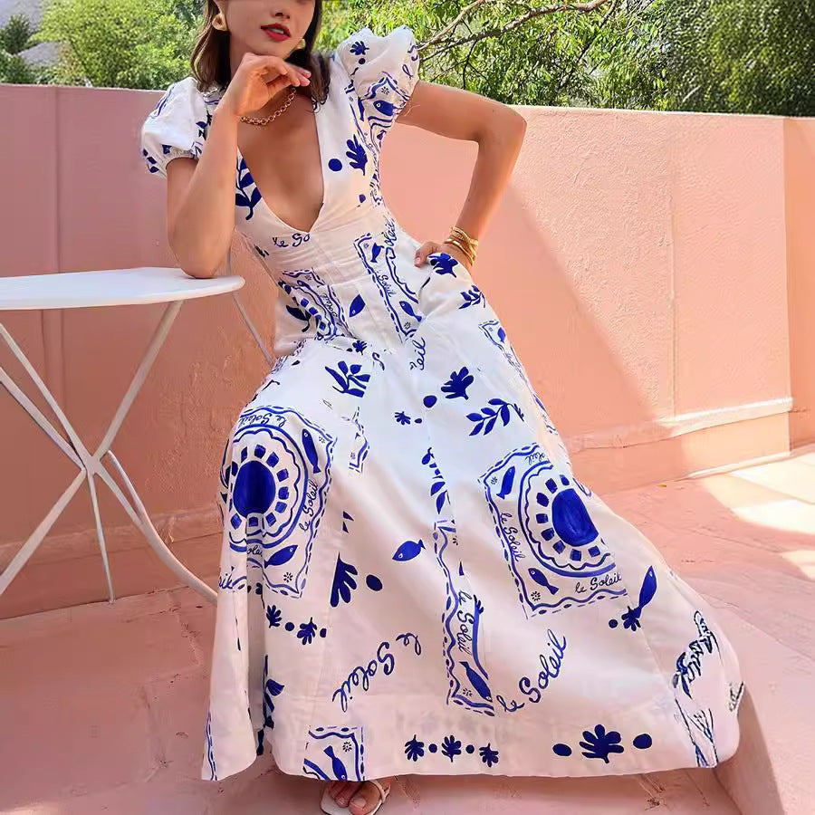 Low V Neck Printed Puff Sleeve Large Swing Cotton Linen Dress