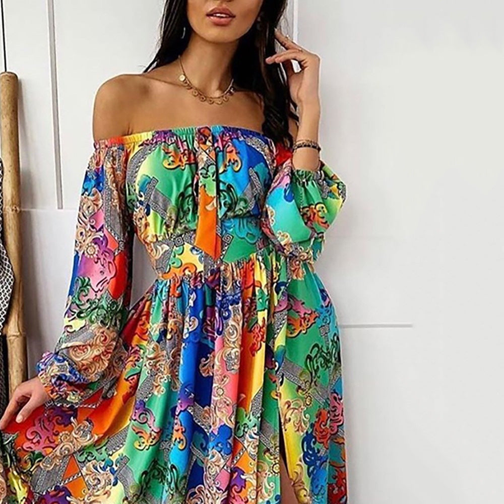 Retro Long Sleeve Split Dress