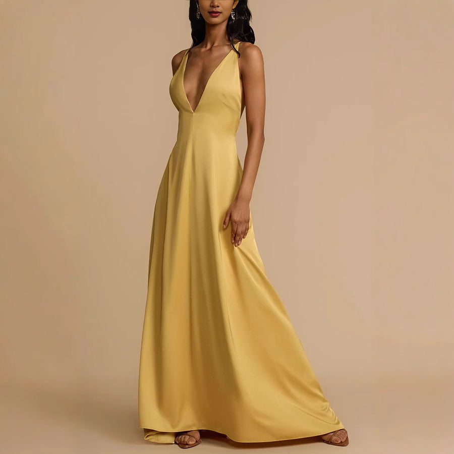 Summer Backless V neck Satin Maxi Dress
