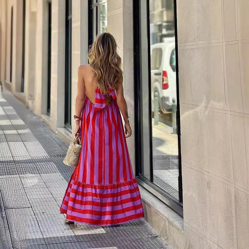 "Halter Backless Striped Maxi Dress."