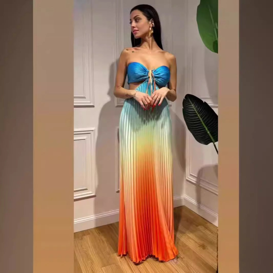 Summer Gradient Color Halter Pleated Long Dress