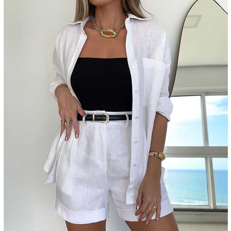 Solid Color Casual Long Sleeve Shirt Shorts Set