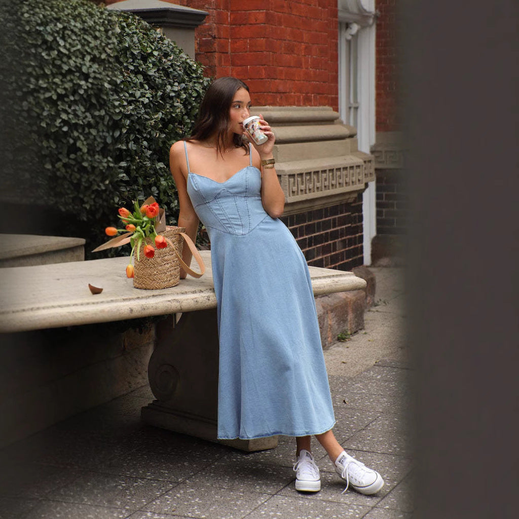 Sleeveless Spaghetti Strap Slimming Imitation Denim Dress