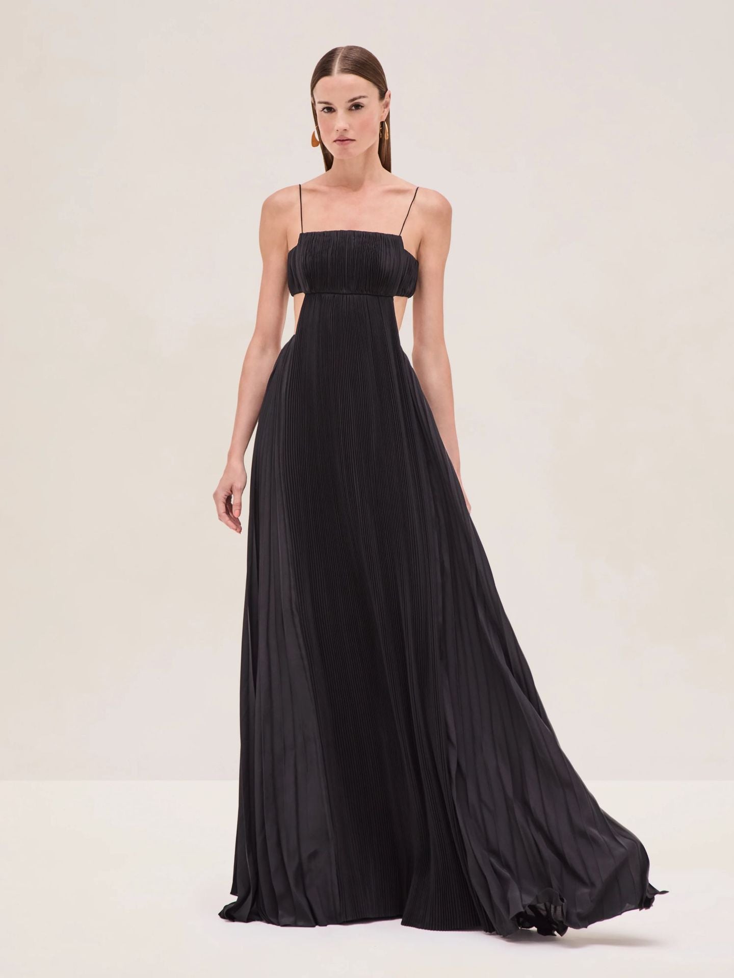 Black Polyester formal cami dress with maxi length and solid pattern