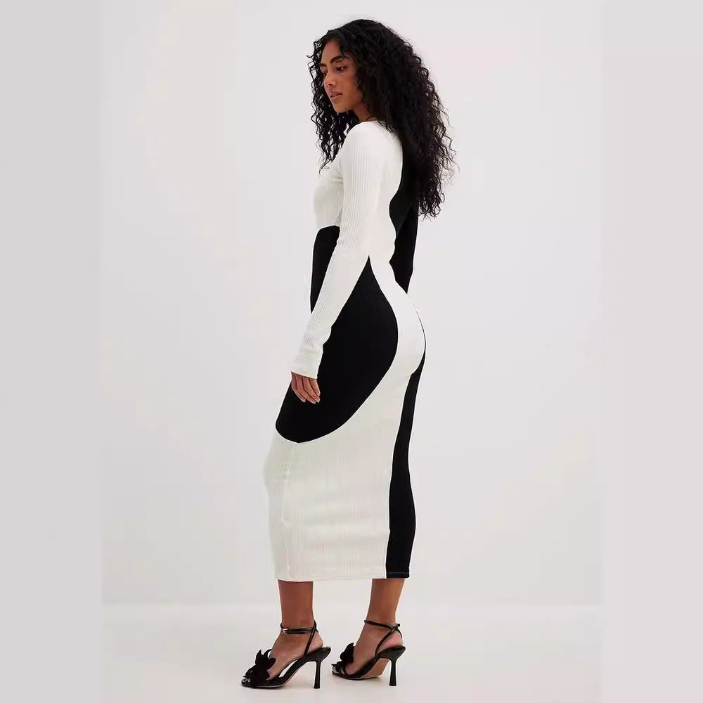 Knitted Black White Matching Long Sleeve Sweater Dress