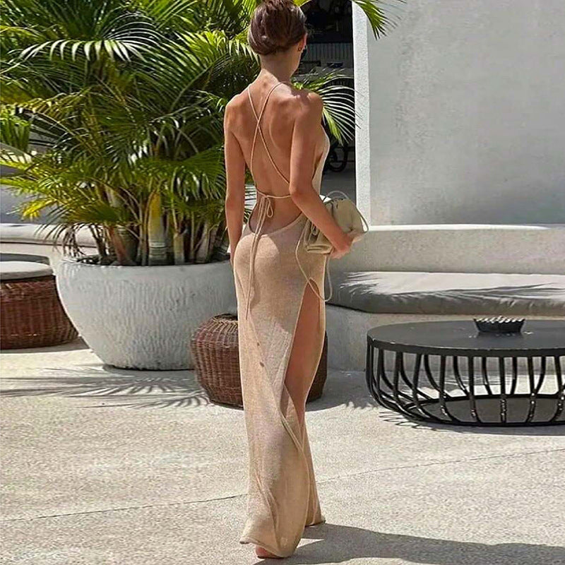 High Slit Sling Back Knitted Beach Dress
