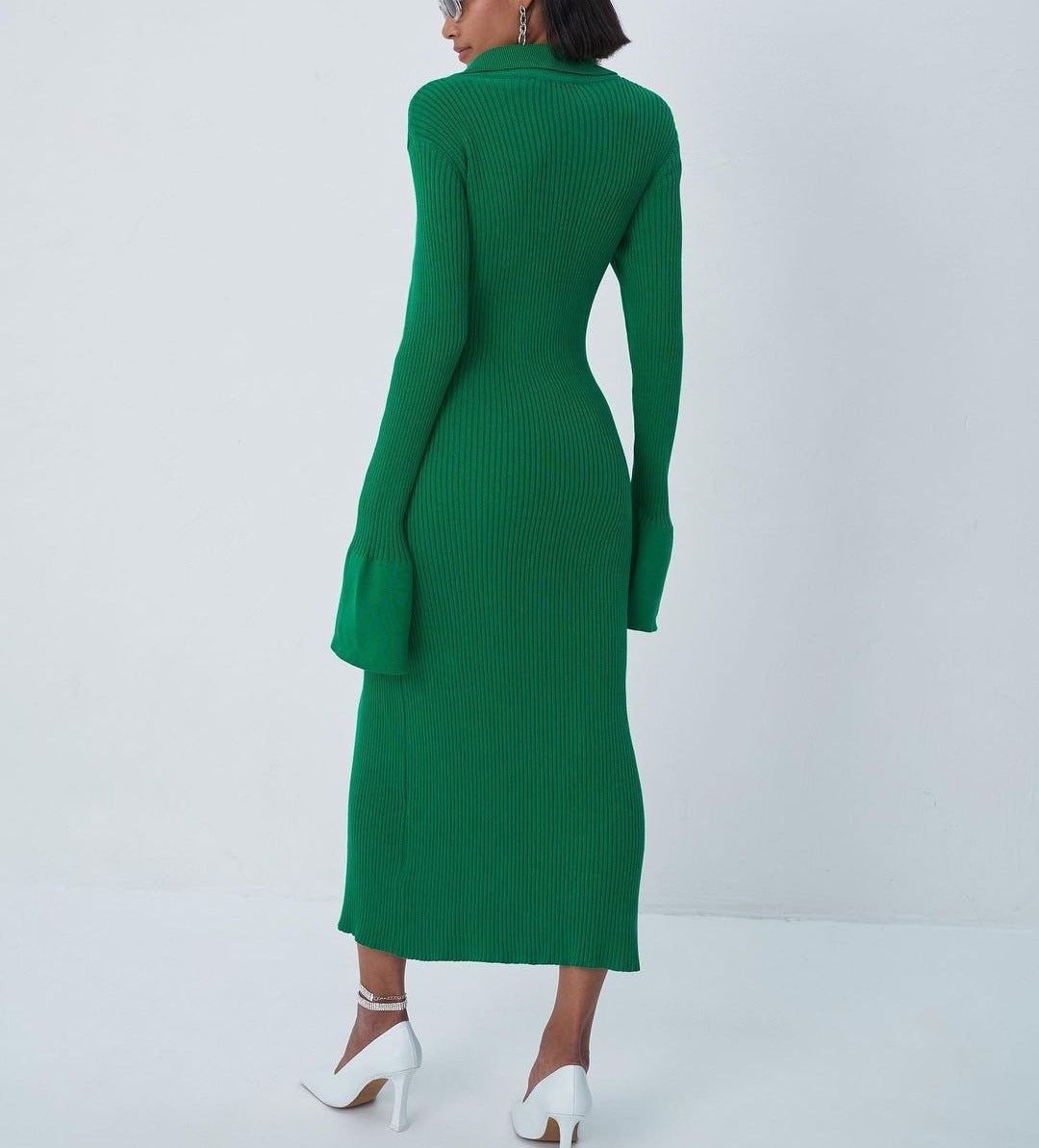 Long Sleeve V-neck Button Bell Sleeve Sweater Dress